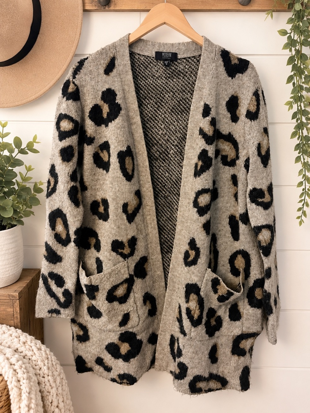Market & Spruce Taupe Leopard Print Open-Front Cardigan